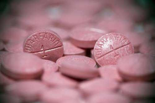 Mehrere rosa Warfarin Tabletten Nahaufnahme von mehreren rosanen Warfarin Tabletten.